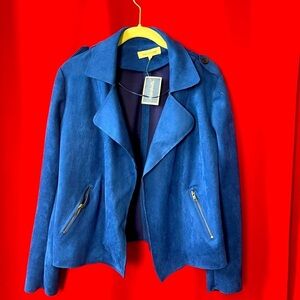 Solitaire M blue faux suede Moto blazer jacket zipper detail Bikercore